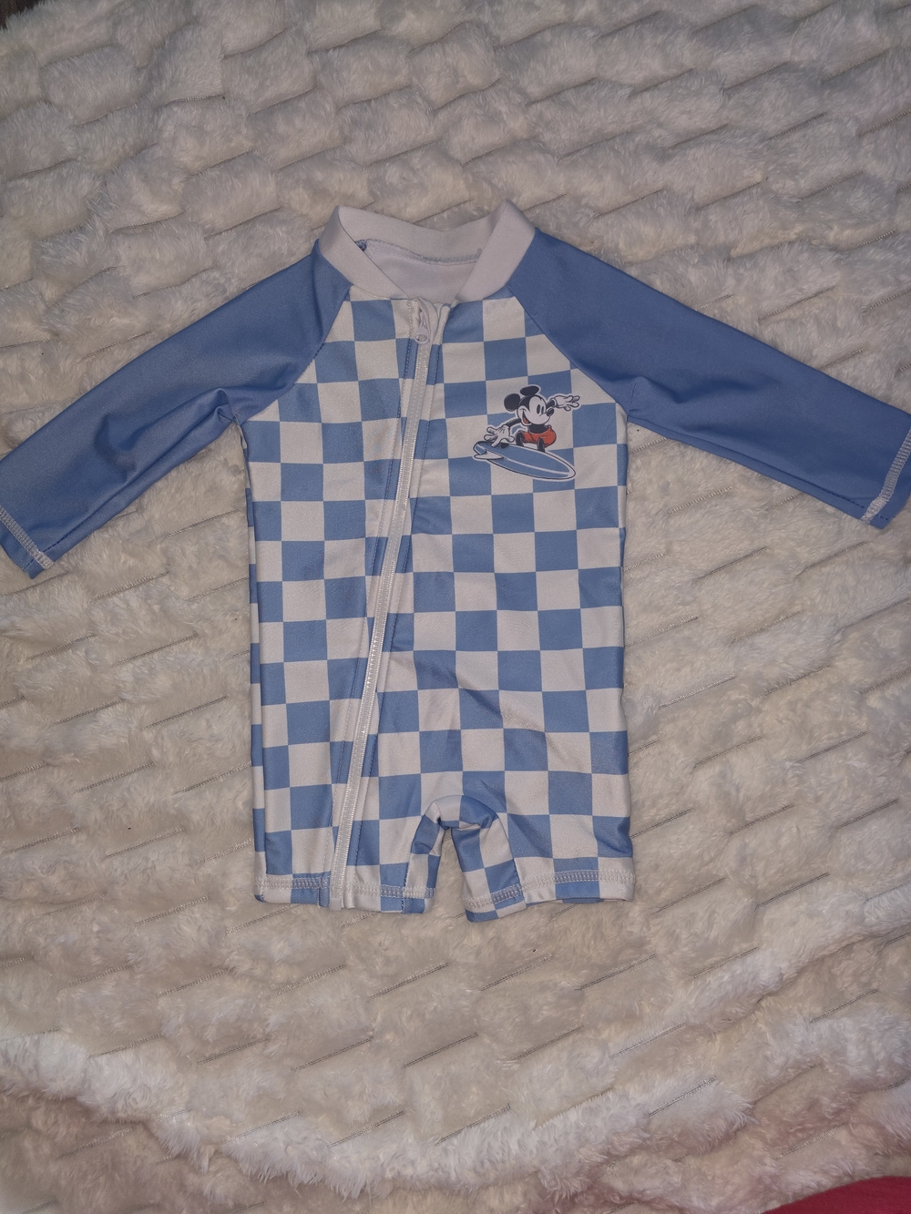 Blue Checkered Kids One-Piece Swimsuit with Character Print
